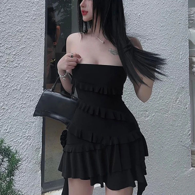 Tube Dress for y2k Clothes Off Shoulder Strapless Sleeveless Ruffle Hem Mini Dress Evening Party Dresses Maxct - Image 5