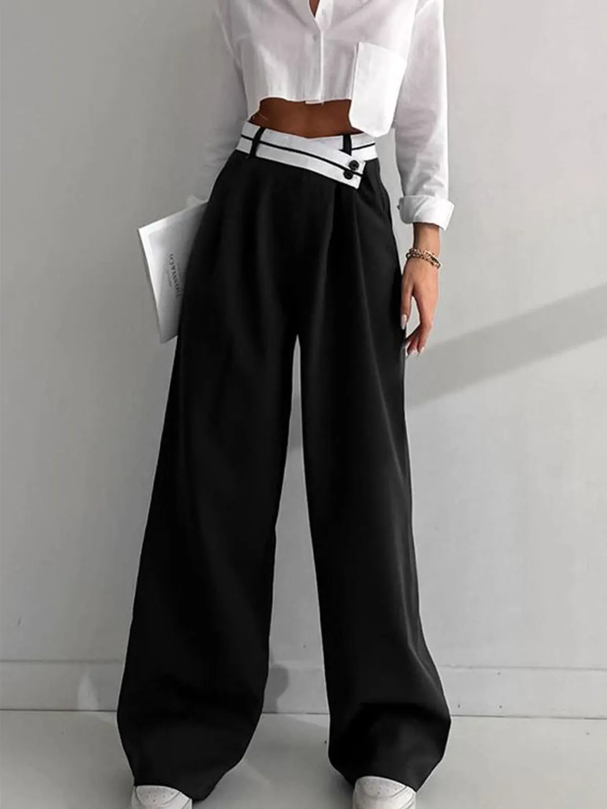 Maxct Asymmetrical Contrast Waistband Wide Leg Dress Pants