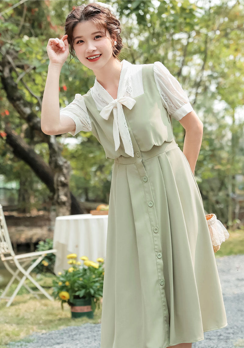 Button Up Tie Neck Twofer Midi Dress Maxct