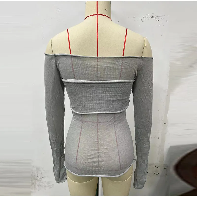 Sexy Transparent Off Shoulder Shirts Women Slim Fit Solid Perspective Thin T-Shirt Female Autumn Chic Elegant Daily Tops
