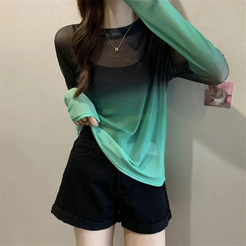 Maxct Sexy Hollow Out Backless T Shirts Women Gradient Ice Silk Loose Sunscreen Shirts Summer Gothic See Through Blouses Tops