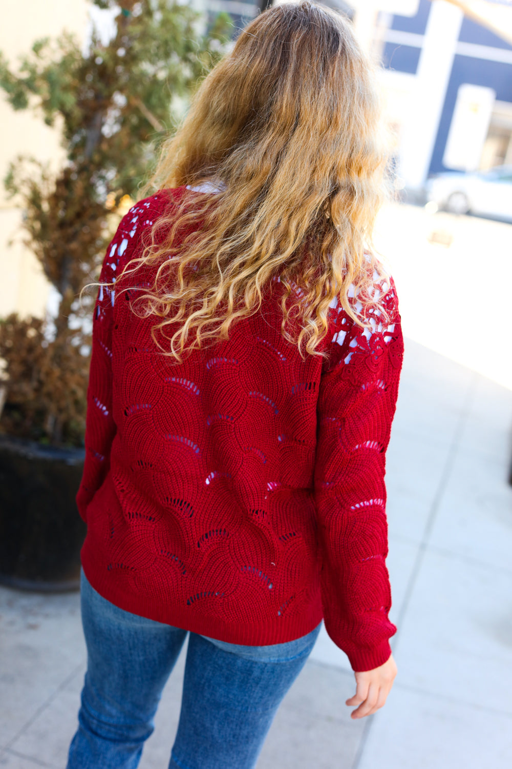 Maxct &Casual Chic Burgundy Pointelle Lace Shoulder Knit Sweater
