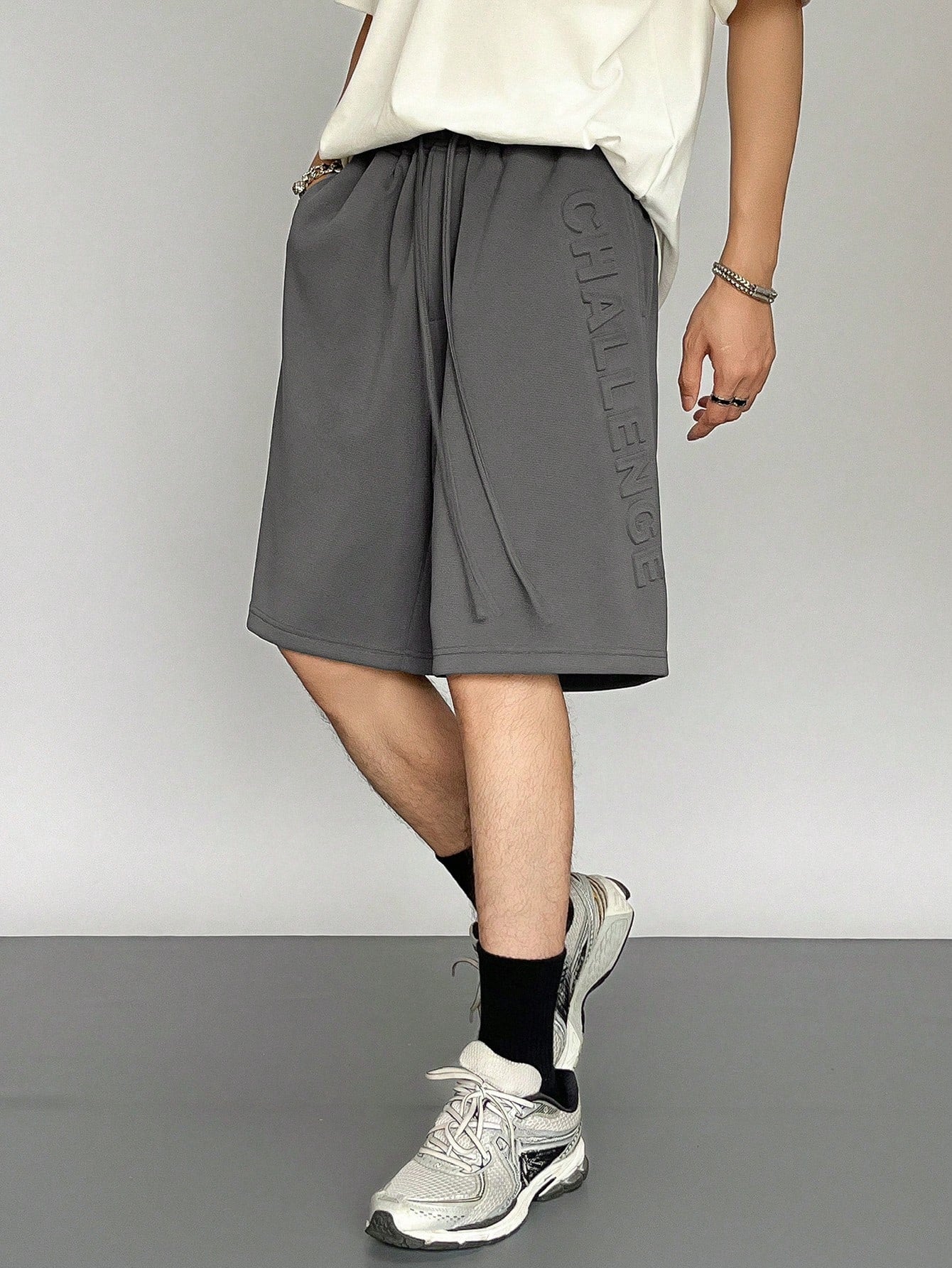 Maxct Men Summer Solid Color Drawstring Shorts With Letter Print