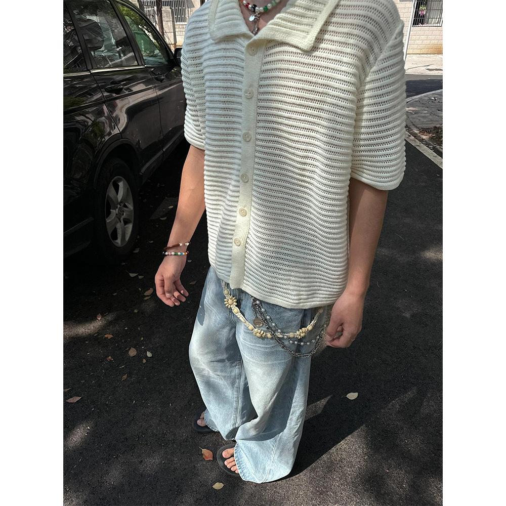 Maxct 90s Streetwear Niche Retro Hollow Shirt Boys Summer New Knitted Shirt Short-sleeved Old Money Style Wear Lapel Half-sleeved Top
