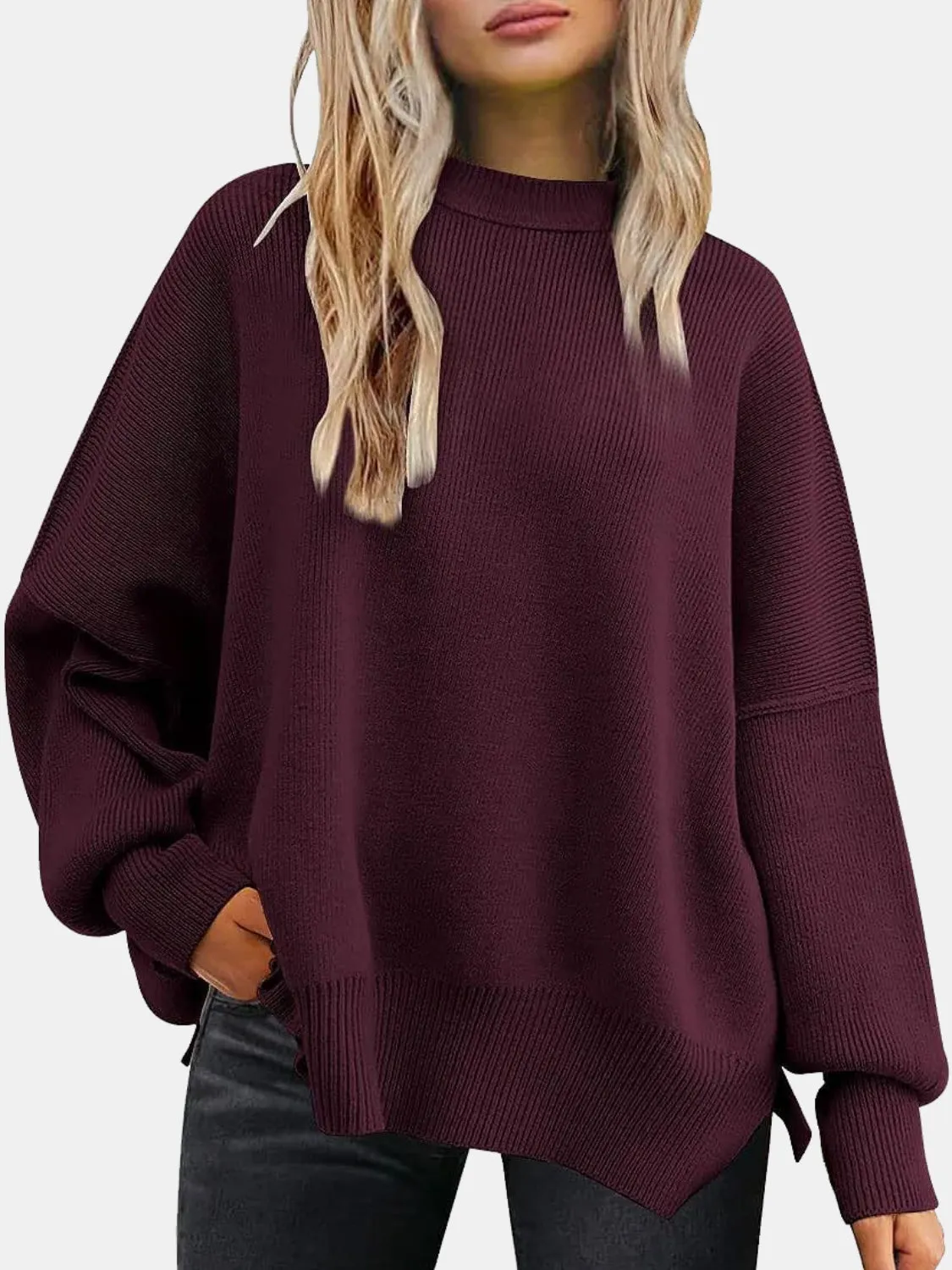 Maxct &Round Neck Drop Shoulder Slit Sweater
