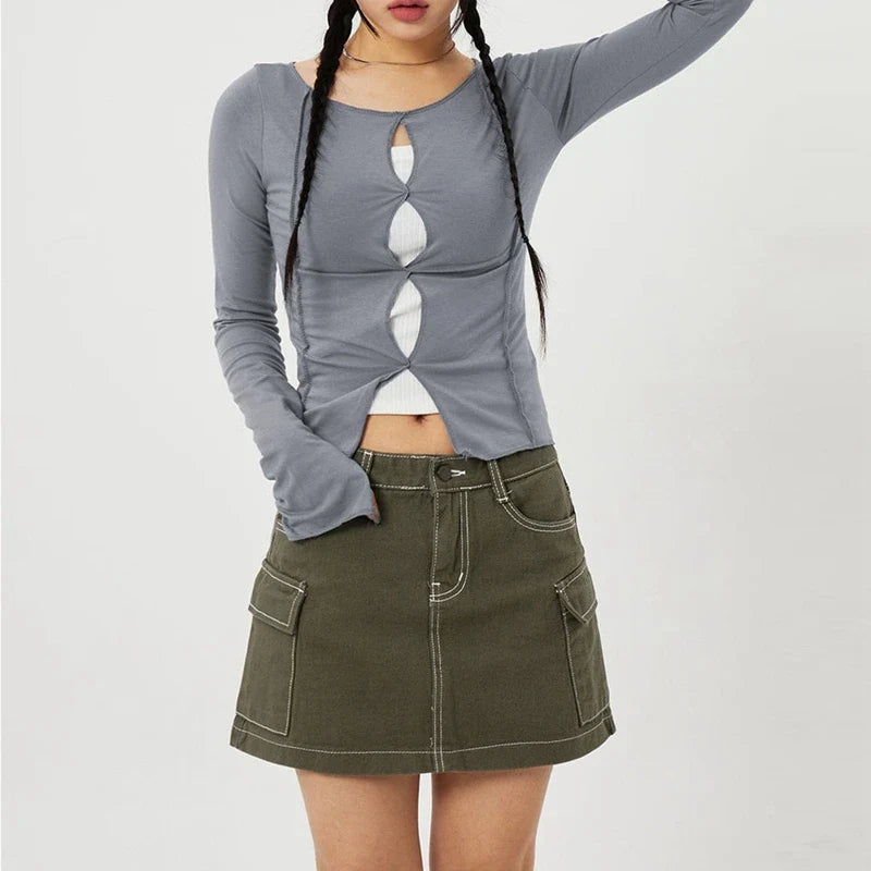 Maxct Korean Mall Goth Crop Tops Harajuku Grunge Front Hollow Out T-shirt Gothic Long Sleeve Slim Fit Tees 00s Retro Clothes