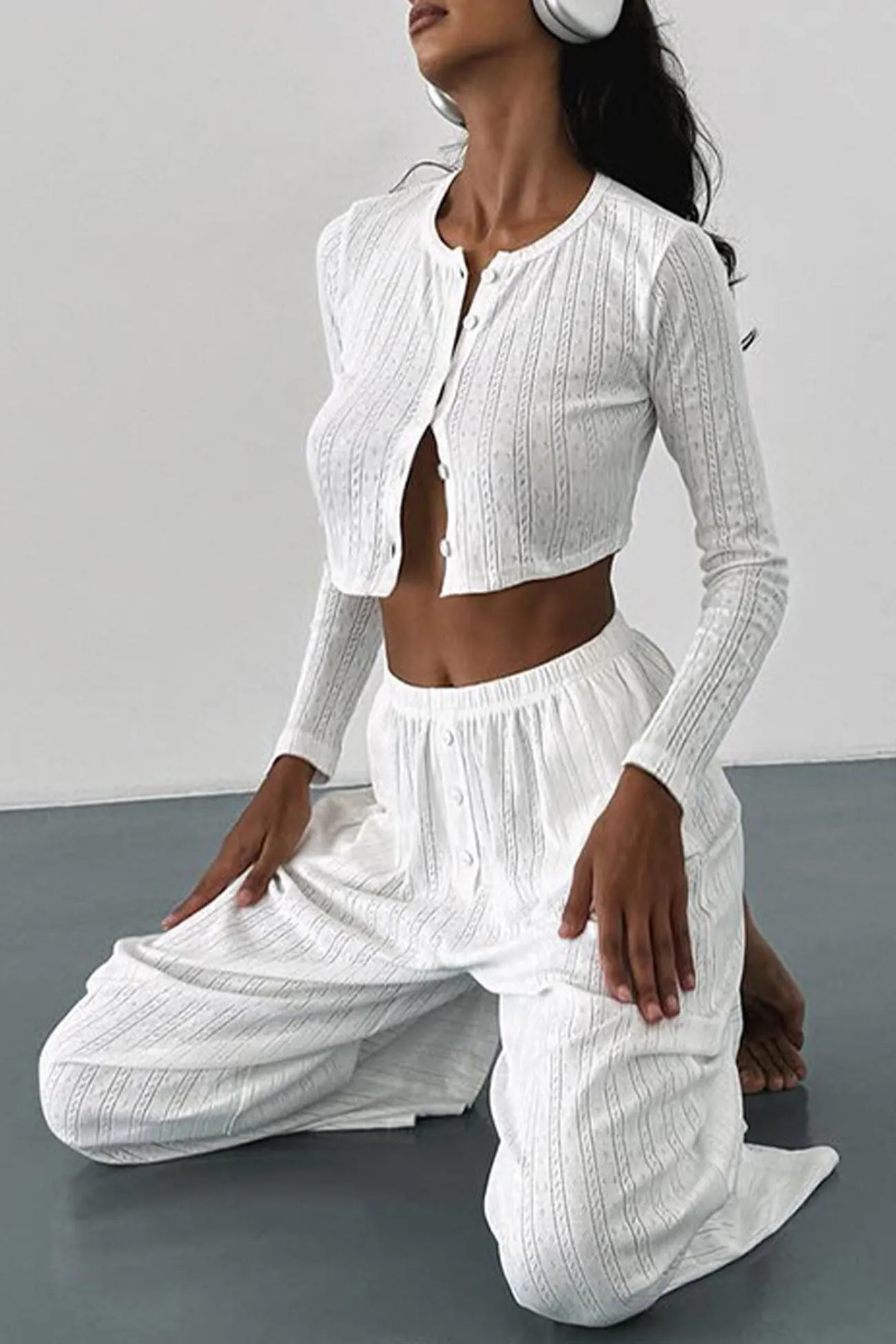Maxct Long Sleeve Single Breasted Crop Tops Long Pant Set