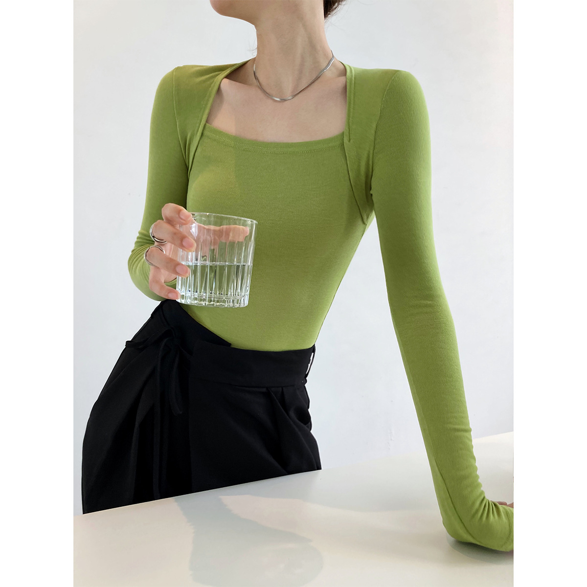 Maxct 2000s fashion Luxi French Style Long Sleeve Square Collar T-shirt Women's Slim Fit Slimming Fake Two-Piece Top Autumn Thin Bottoming Shirt 283