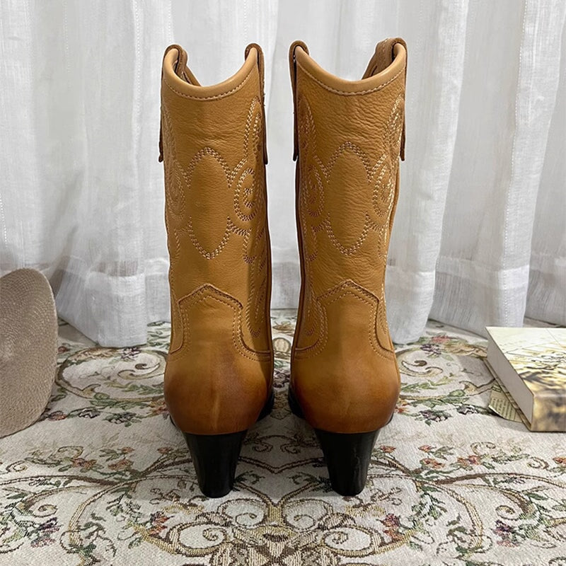Womens Embroidered Western Boots Block Heel Short Boots All Genuine Leather Maxct