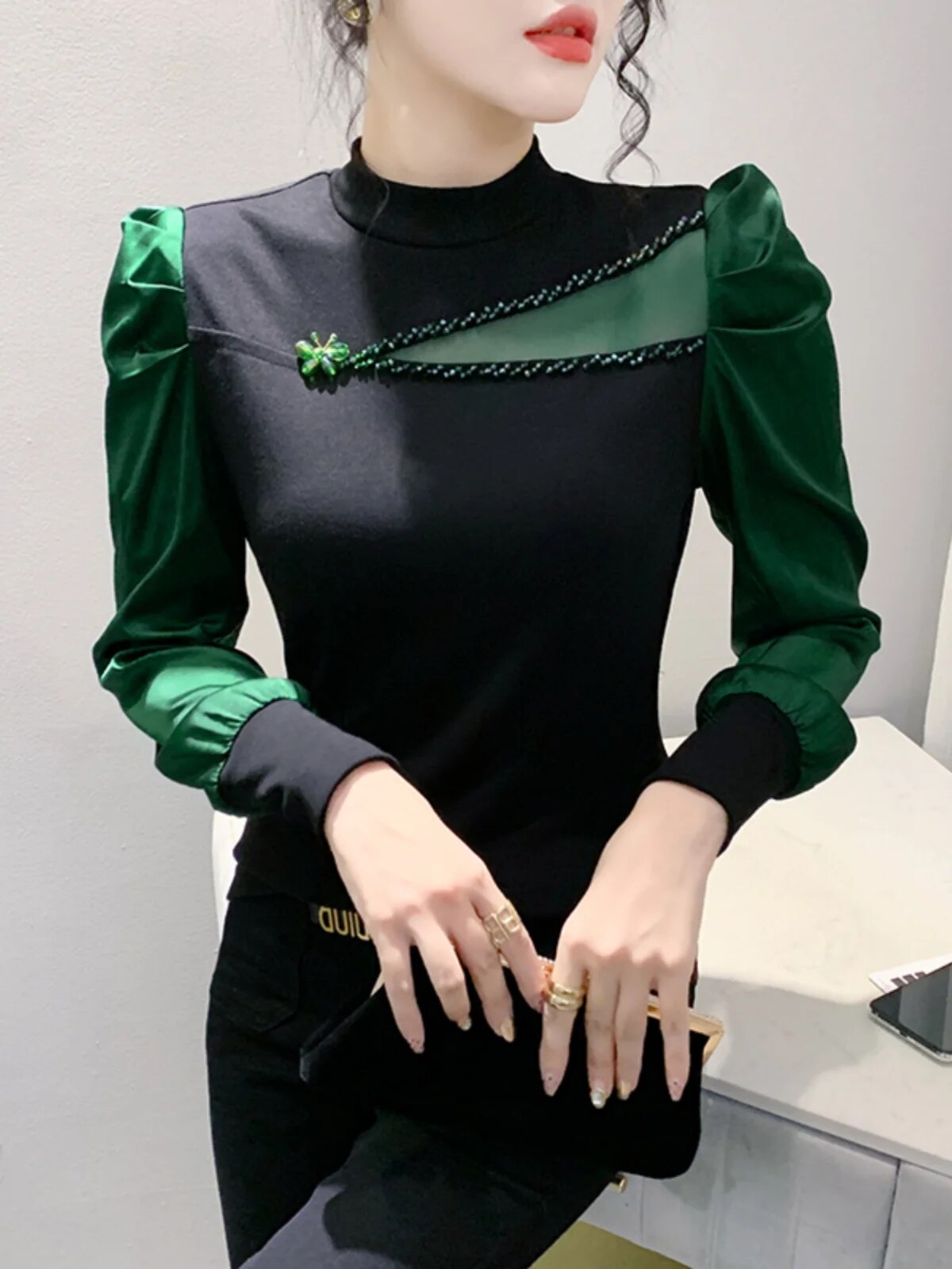 Maxct Women Full Puff Sleeve Beading Cotton T-shirts Girl Patchwork Contrast Color T Shirt Female Autumn Top
