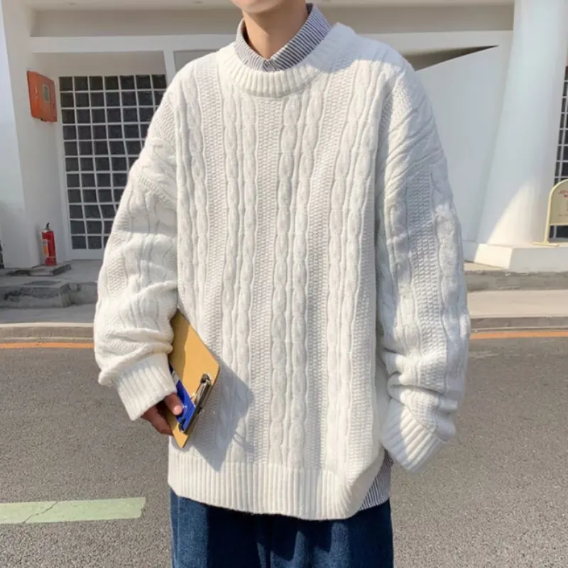 Maxct Pullover sweater men autumn winter pure color simple retro crewneck sweater lazy wind twist thread coat