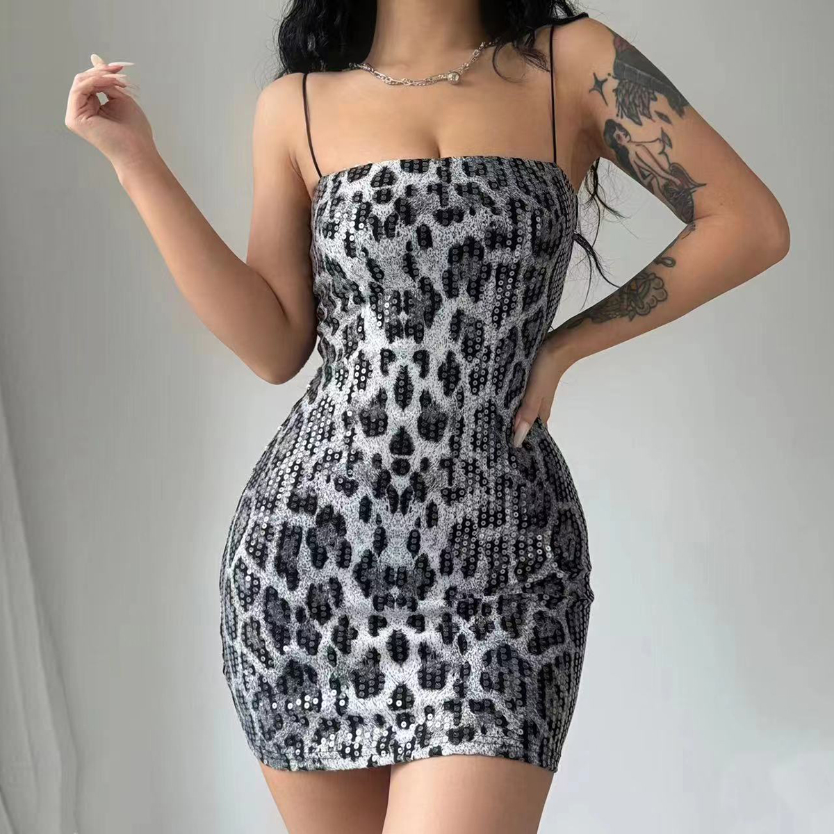 Leopard Print Spaghetti Shoulder Strap Square Collar Mini Dress Sparkly Sequins Party Club Y2K Clothes