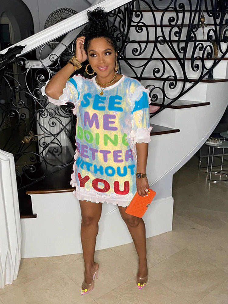 Sequin Colorful Letter Print Dress Maxct