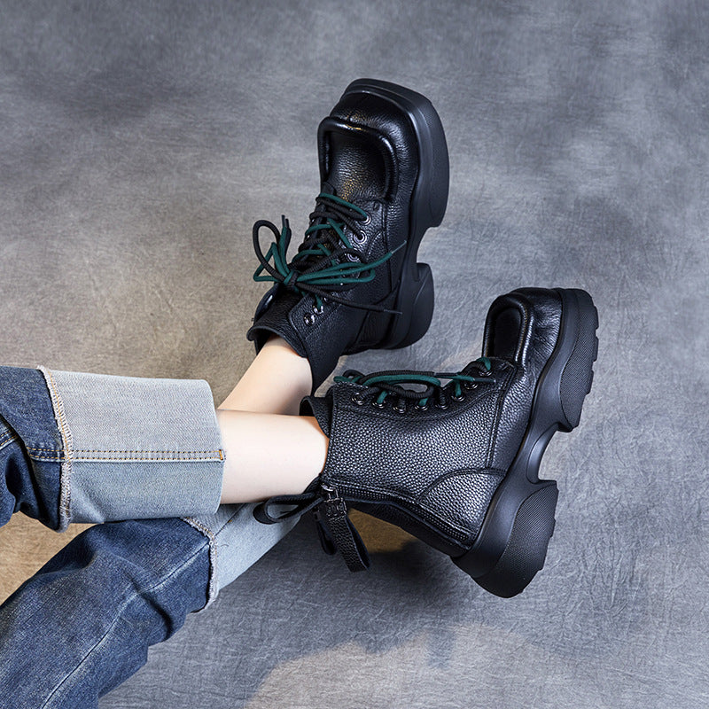 Ladies Stylish Square Toe Platform Lace-Up Leather Martin Boots