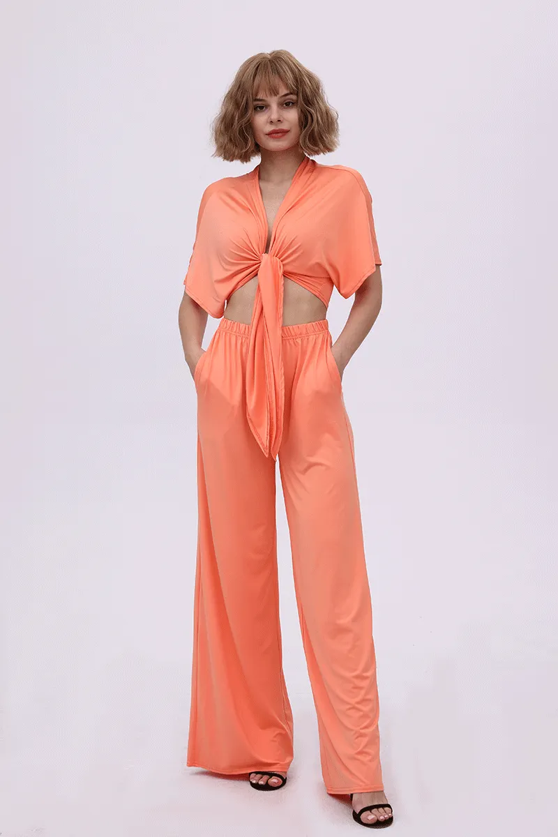 Maxct Deep V-neck Top & Elastic Wide Leg Pants