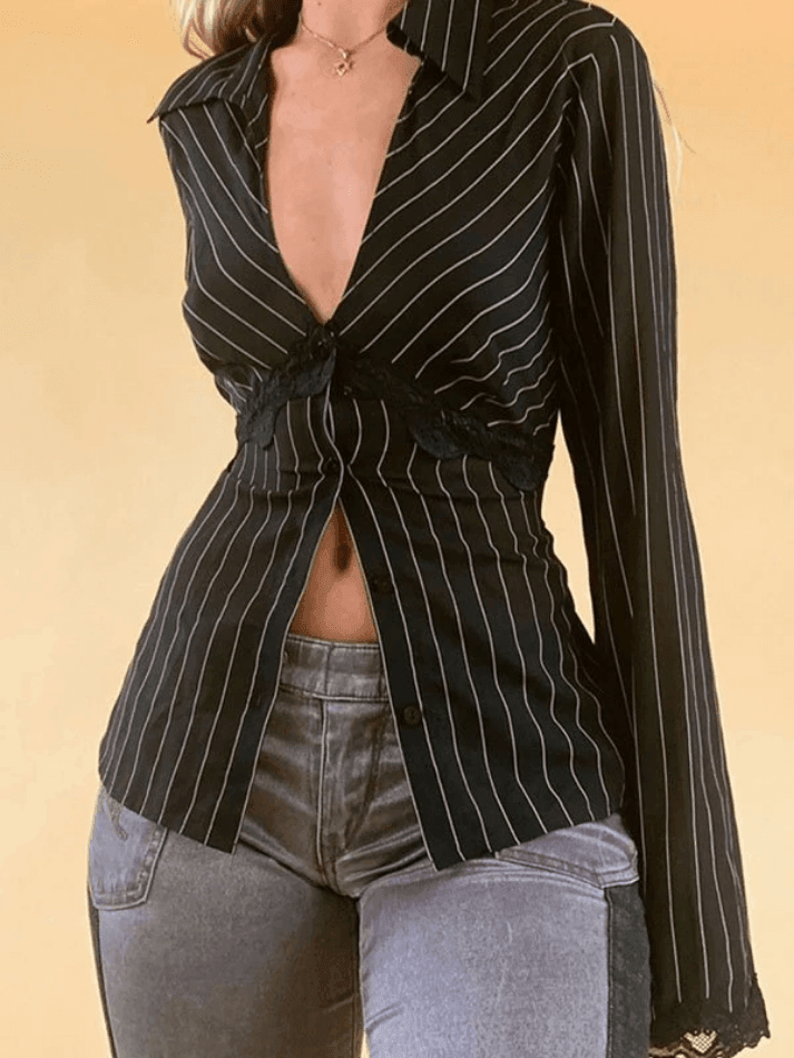 Maxct Lace Paneled Long Sleeve Striped Blouse