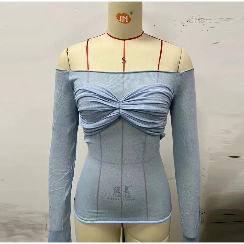 Sexy Transparent Off Shoulder Shirts Women Slim Fit Solid Perspective Thin T-Shirt Female Autumn Chic Elegant Daily Tops