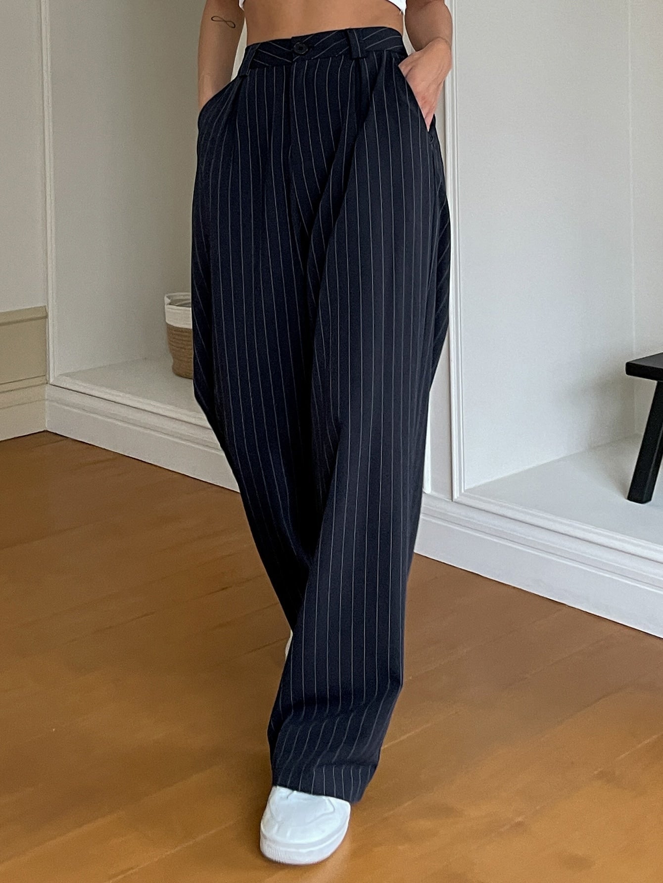 Maxct Pinstriped Print Wide Leg Suit Pants