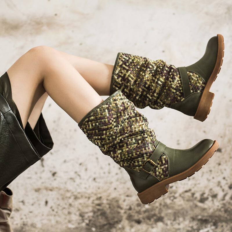 Woven Boots Mid Calf Color Blocking Design Riding Boots Maxct