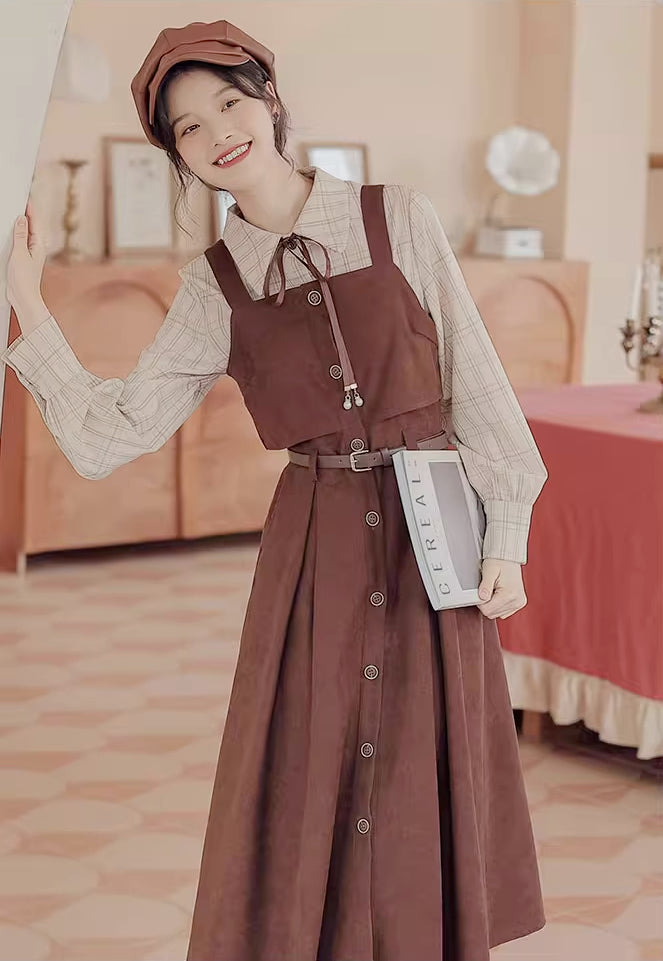 Suede Button Up Cami Pinafore Dress Set Maxct