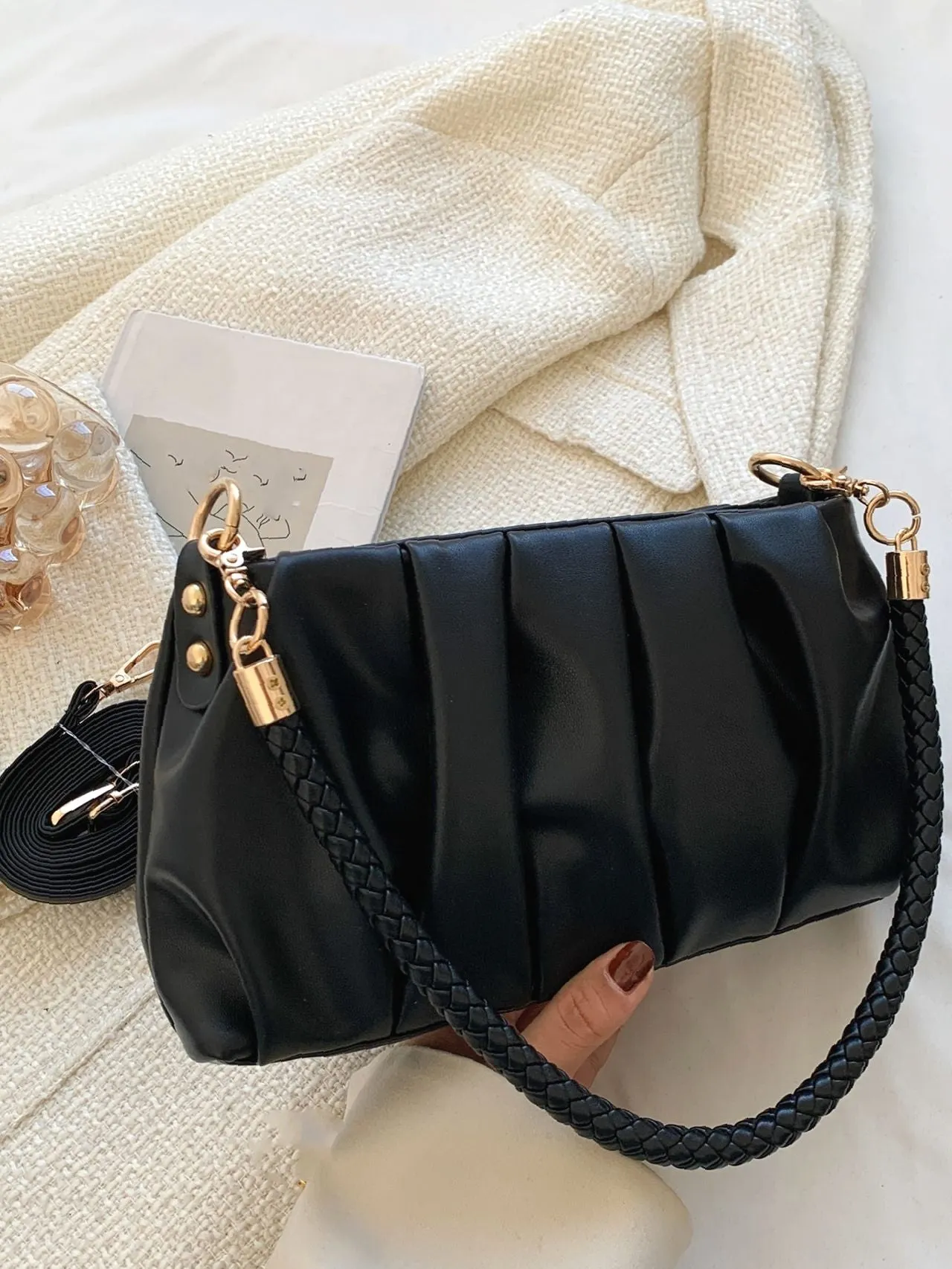 Bag For Love - Minimalist Braided Strap Ruched Bag - Women Maxct Bags