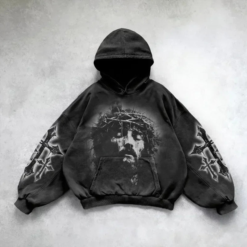 Maxct Heavy Washed Man Hoodie Sweatshirt Y2k Gothic Clothes Retro Streetwear Pattern Women Pullover Casual Fashion for Men Harajuku