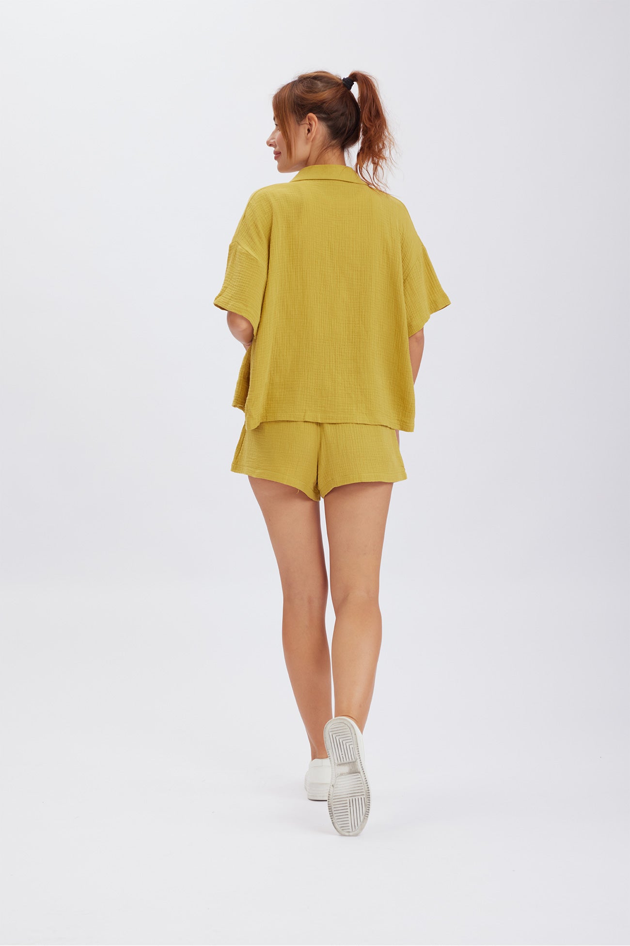 Maxct Solid Color Short Sleeve Shirt Cotton Two-piece Shorts Set