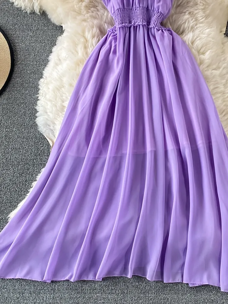 Maxct Chiffon Dress Women Sexy Slash Neck Ruffle Robe Elegant Ruffle High Waist Vestidos Female Beach Vacation New