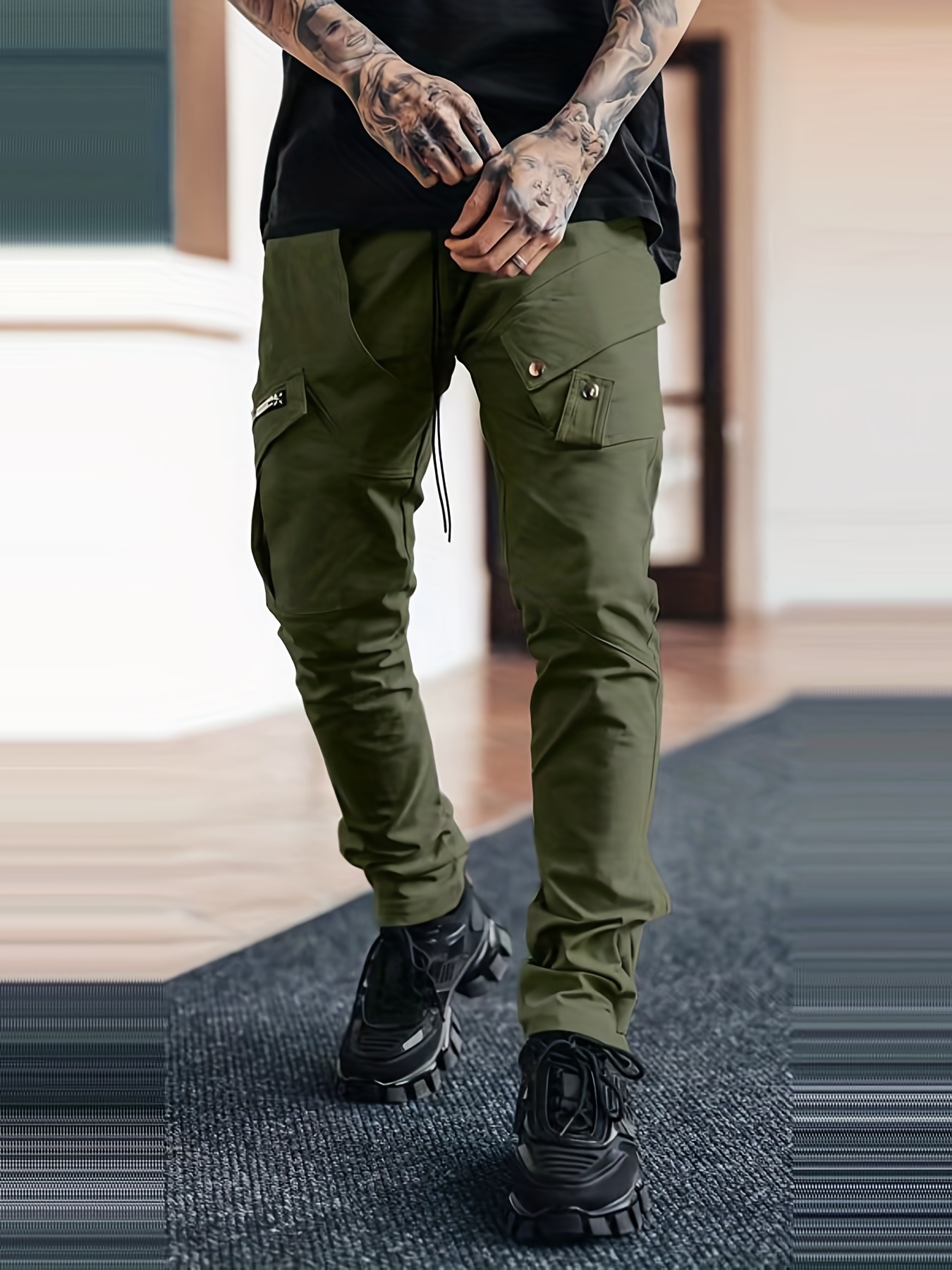Men's Drawstring Cargo Pants, Zip Pocket Slim Fit Trendy Outdoor Pants, Mens Work Pants, Tactical Pants