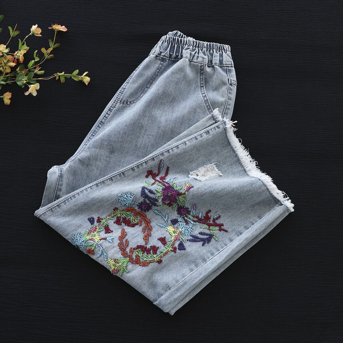 Maxct Women Autumn Art Floral Casual Denim Jeans Pants