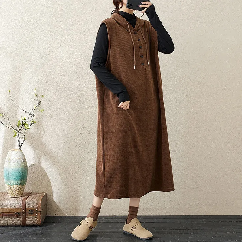 Maxct Women Autumn Retro Corduroy Hoodie Dress