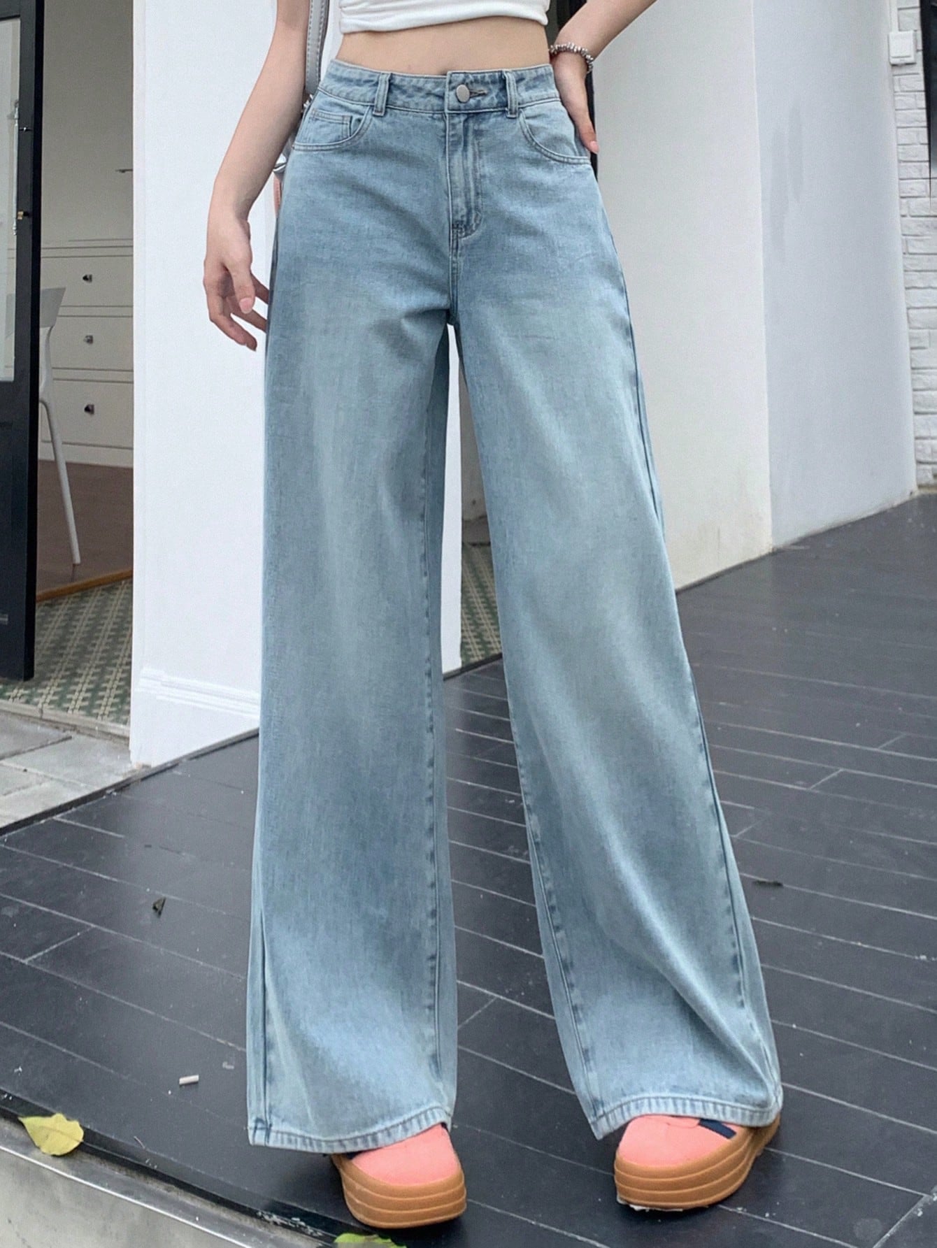 Maxct Women's Fashionable Wide-Leg Denim Pants, Solid Color, Loose Fit