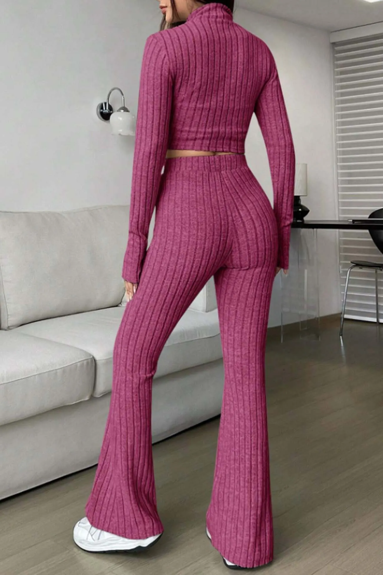 Maxct Zip Long Sleeve Ribbed Flared Pants Set