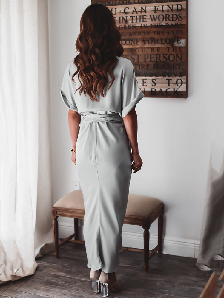 Satin Pleated Bandage Shirt Dress Maxct