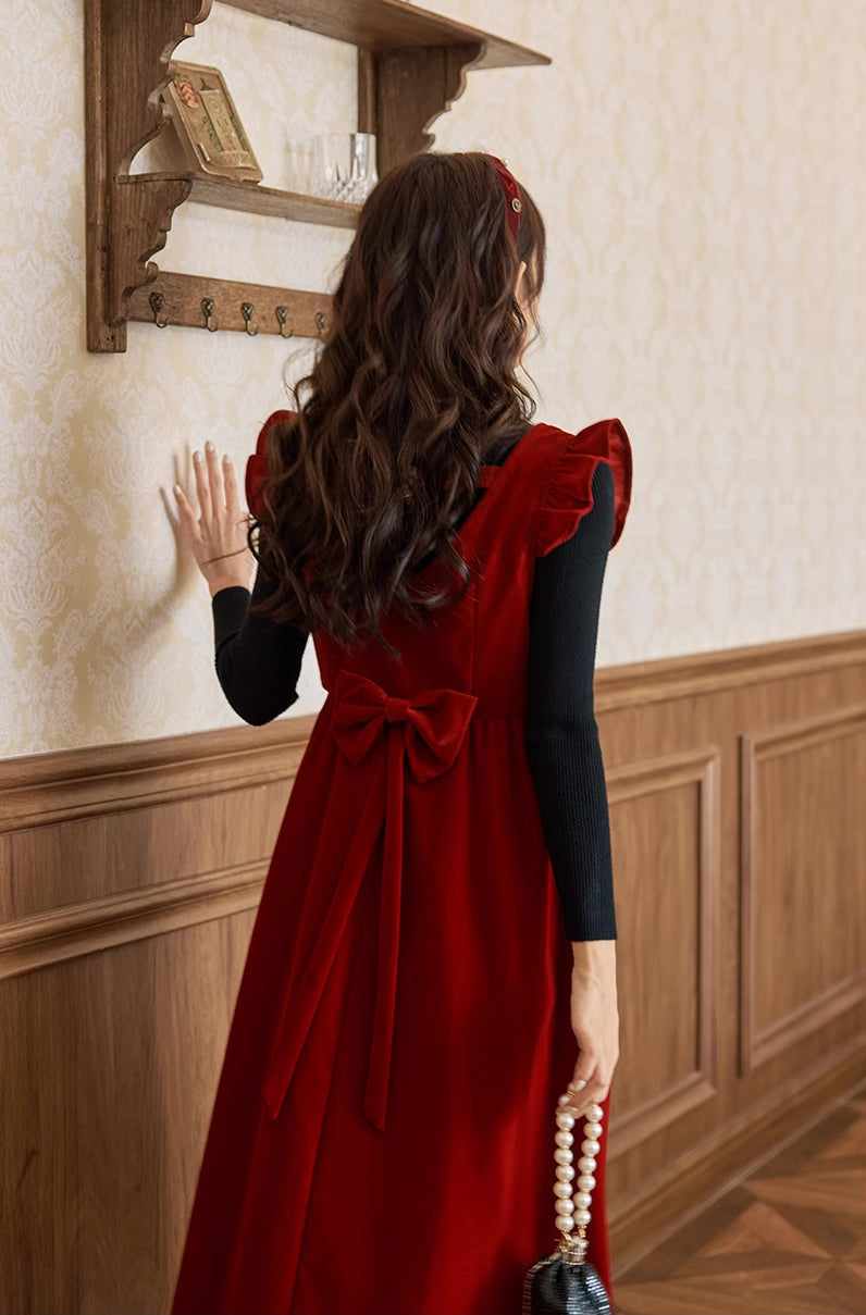 Velvet Frilly Bow Pinafore Dress Maxct