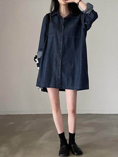 Maxct Vintage Laple Long Sleeve Denim Shirt Blouses