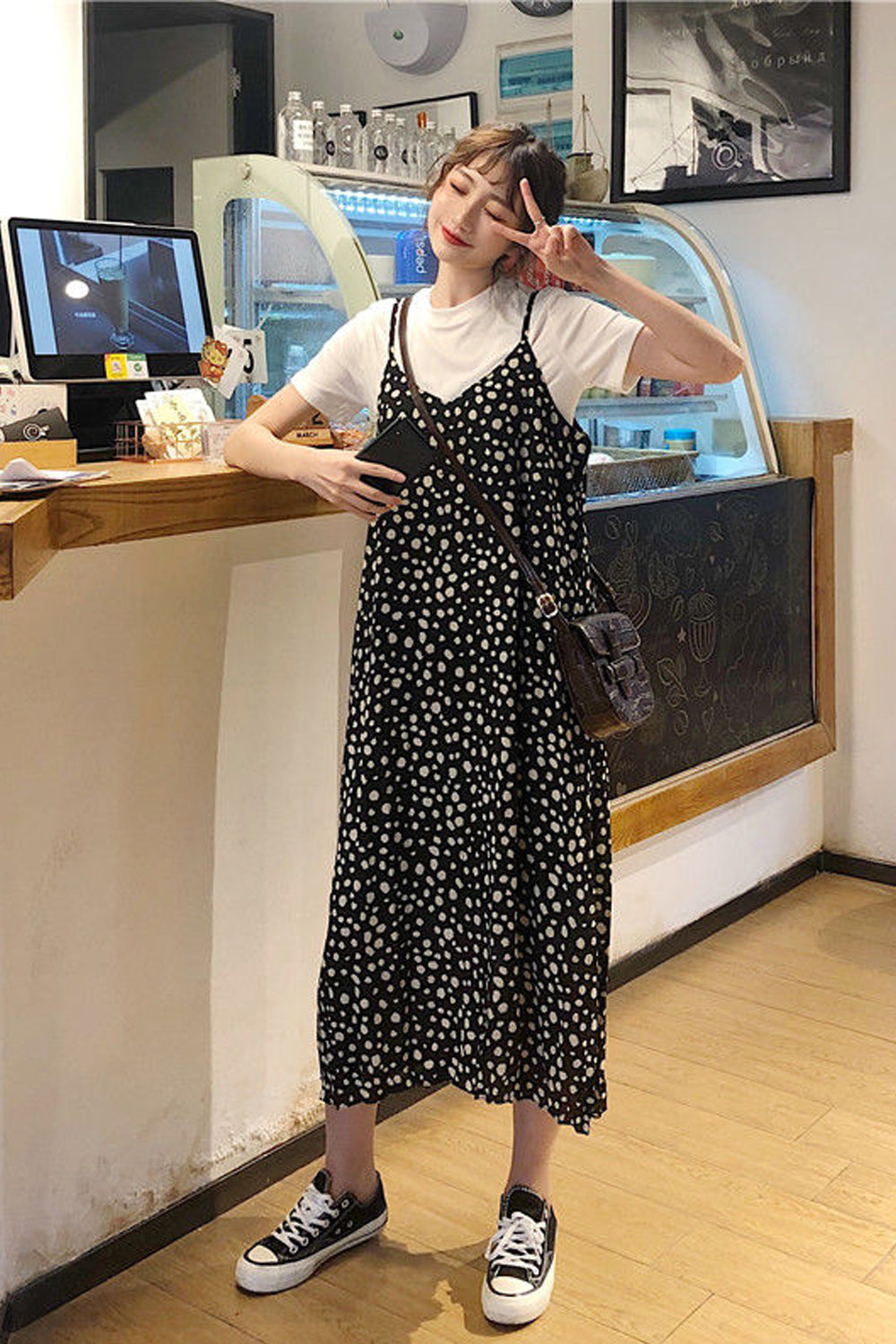 Sleeveless Dot Pattern Strappy Long Dress Maxct
