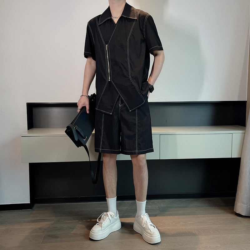 Maxct Summer Topstitched Zip Shirt Shorts Set