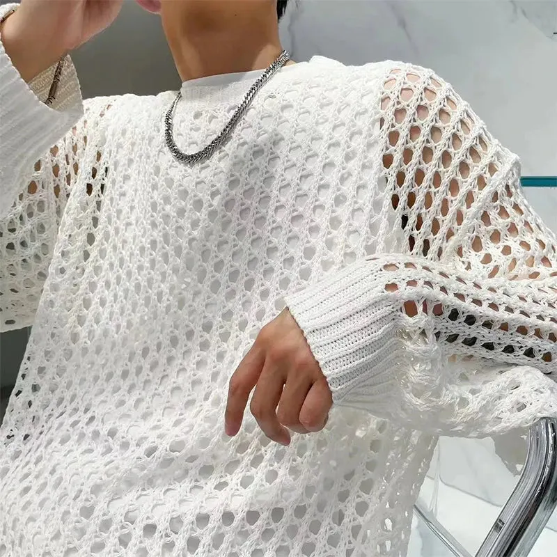 Maxct Summer Y2K Vintage Hollow Out Loose Knitting T-shirt Man All Match Geometic Tops Fashion Casual Outfits See-though Male Pullover