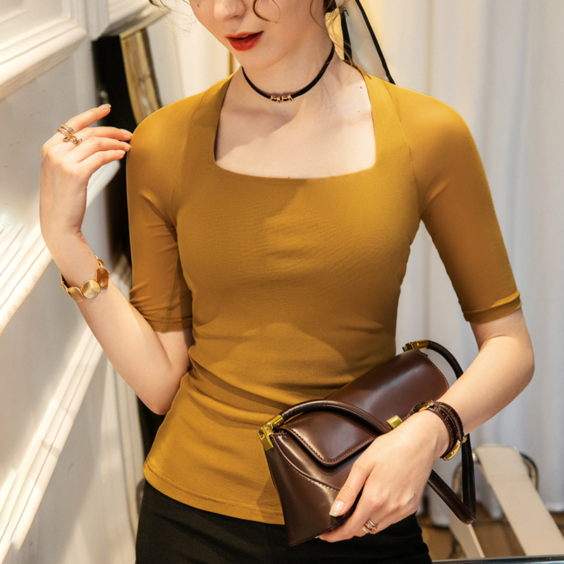Maxct Summer Vintage Short Sleeve Tee Square Collar T-shirt Girls Solid Stretchy Black Mesh TShirts Tops For Women