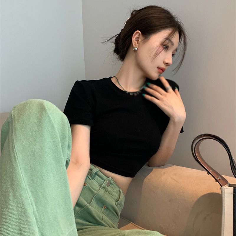 Maxct Blackless Women's Tops Slim Sexy Exposed Navel Short Sleeves Korean Version T-Shirts