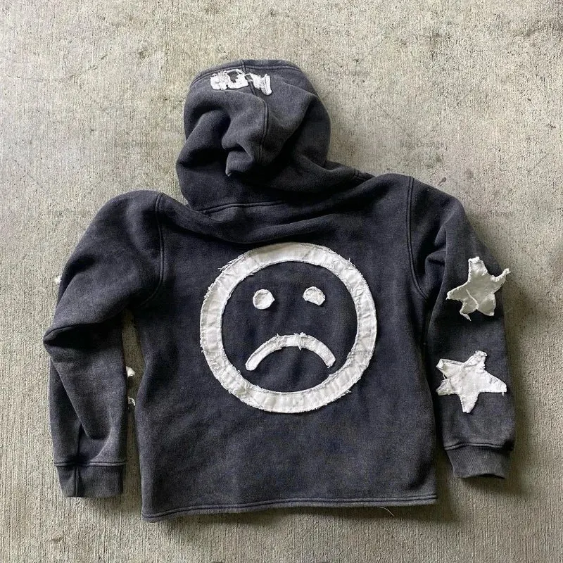 Maxct 90s Streetwear Trendy Brand Crying Face Letter Embroidered Zipper Hoodie Men Y2k Retro Harajuku Jacket Hip-hop Rock Casual Oversized Sweatshirt
