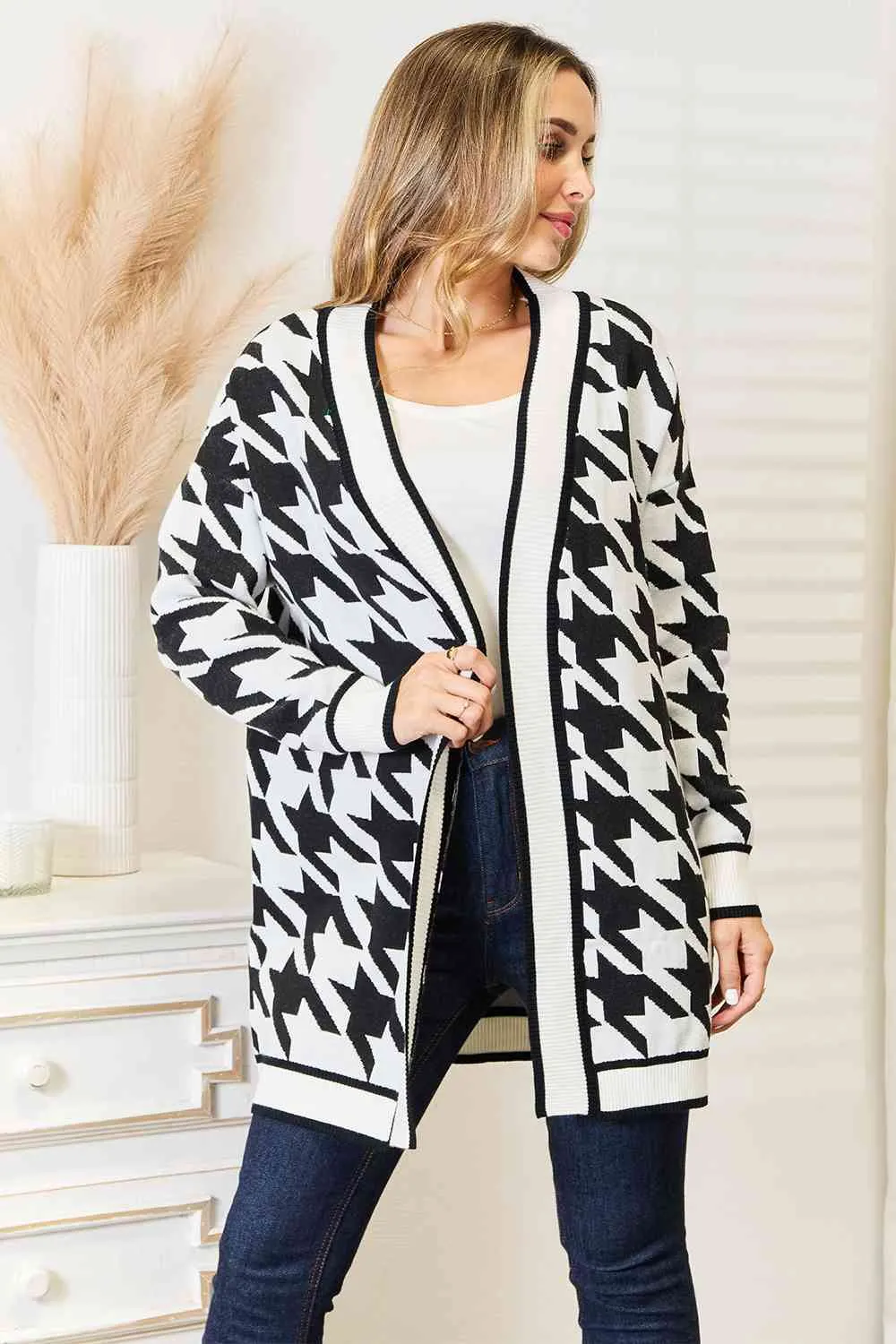 Maxct &Woven Right Houndstooth Open Front Longline Cardigan