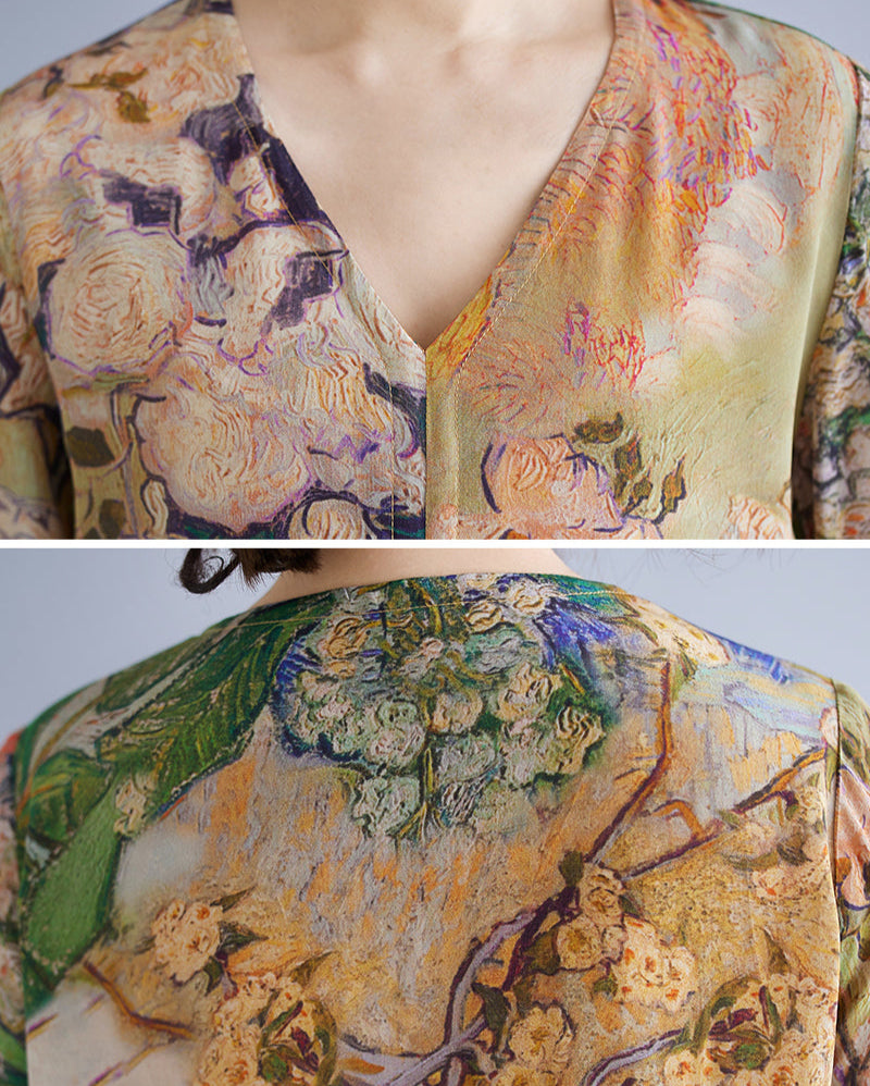 Women Retro Vacation Printed V-Neck A-Line Tencel Dresses