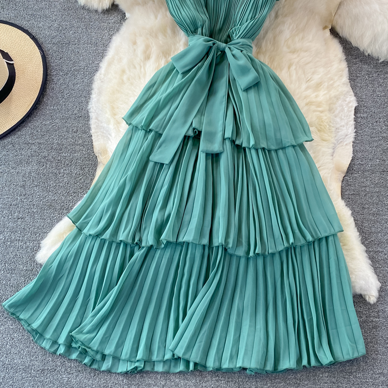 Women's Purple/Pink/Green Draped Dress Vintage Ruffle Stand Collar Sleeveless High Waist Party Pleated Vestidos Female New