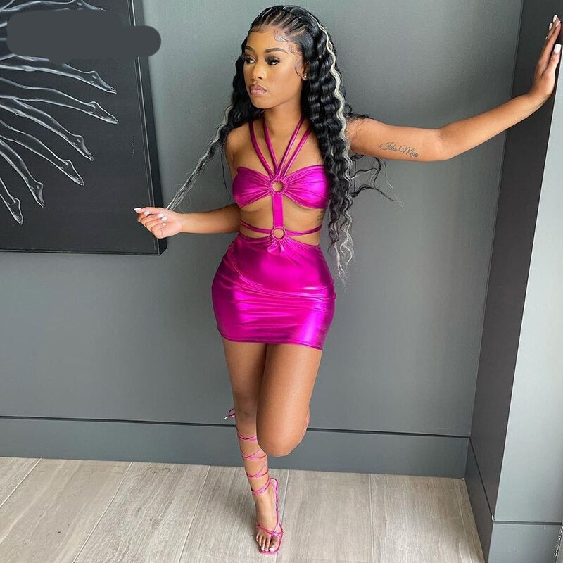 Voguable  Solid Sleeveless Bodycon Halter Hollow Out Mini Dress  Streetwear Outfits Y2K Maxct