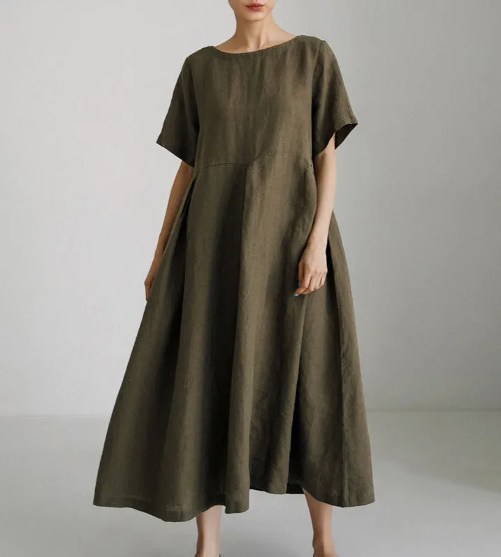 Ladies Solid Color Casual Loose Cotton Linen A-Line Dresses
