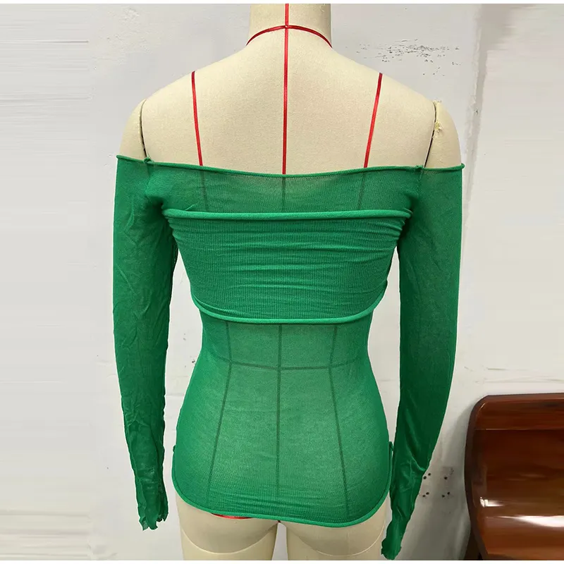 Sexy Transparent Off Shoulder Shirts Women Slim Fit Solid Perspective Thin T-Shirt Female Autumn Chic Elegant Daily Tops