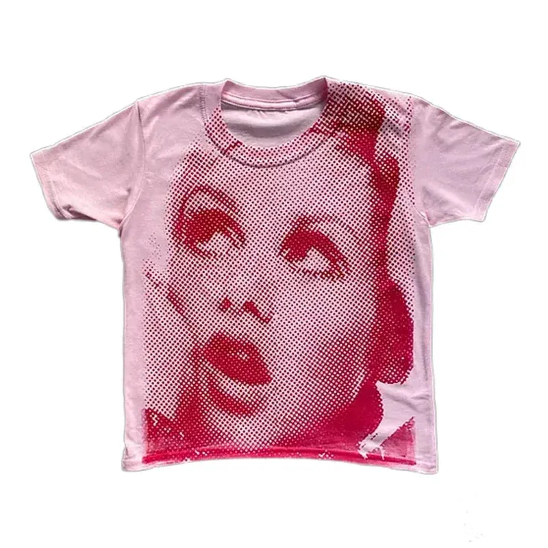 Maxct 90s Vintage Portrait Graphic Print T-shirt Harajuku Crop Top Y2K Aesthetic Summer Slim Fit Tees Tops Women Streetwear Gothic