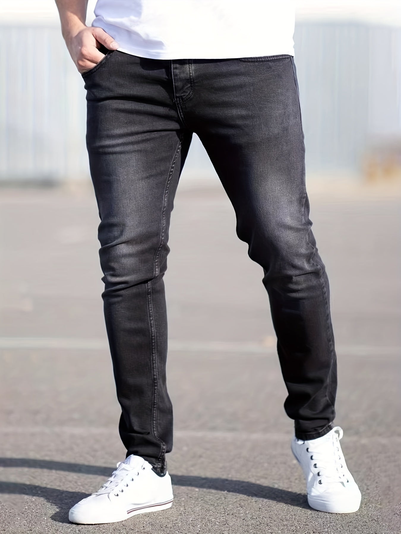 Maxct  Light Wash Cotton Slim Fit Jeans, Men's Casual Street Style Mid Stretch Denim Pants For Spring Summer
